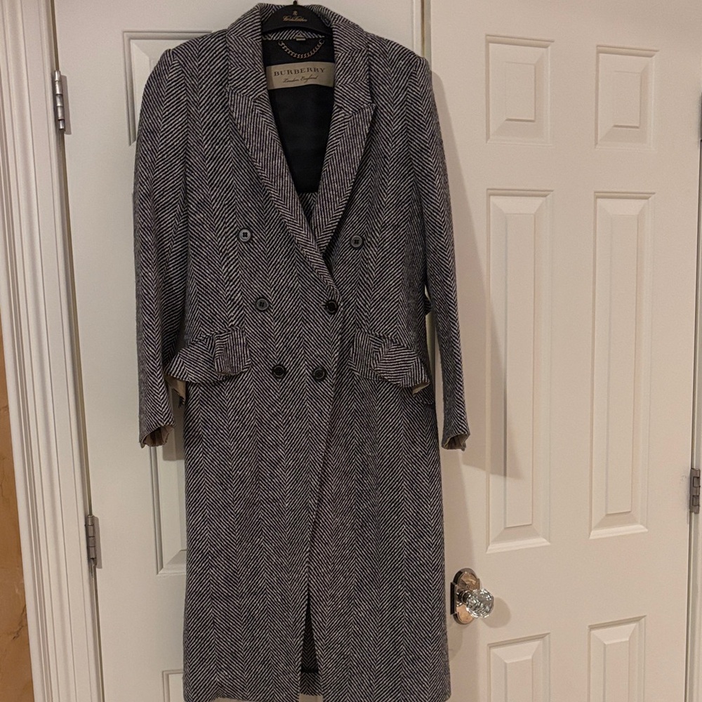 Burberry Black and White Herringbone Coat